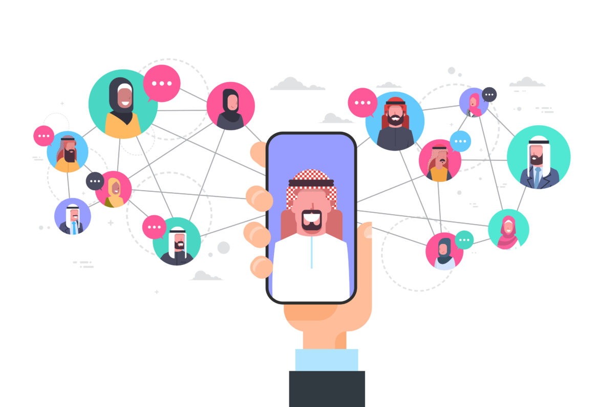 Arab Man Hand Holding Smart Phone Network Communication Concept Group Of Arabic People Connection تصميم يعبر عن شبكة تواصل.